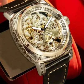 FORSINING Square Luxury Retro Carved Skeleton Automatic Watch (Model: GMT1219 / R00916)